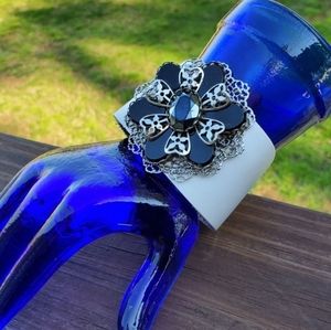 Leather cuff bracelet w/ vintage brooch